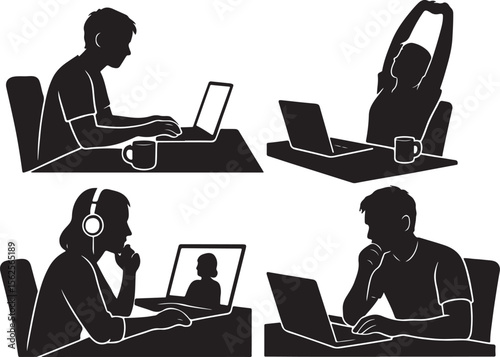 Silhouettes of People in Remote Work and Virtual Meeting Situations