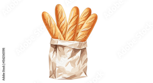 Watercolor vector illustration of French baguettes in a paper bag