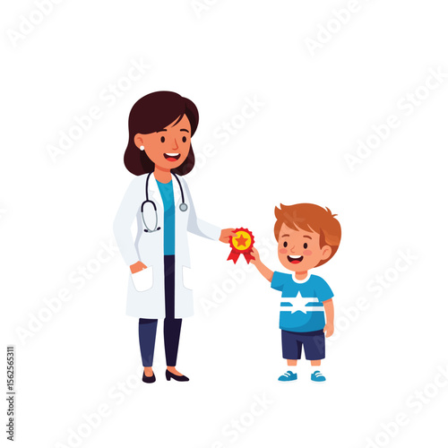 A doctor in a white coat gives a gold star award to a young boy.