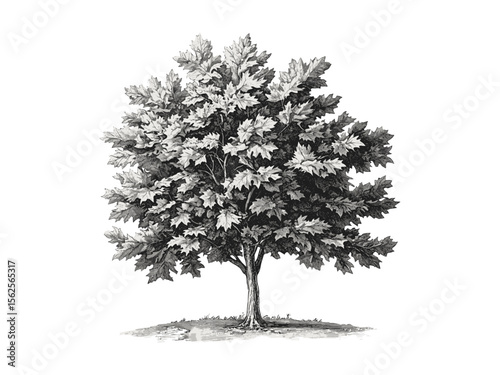 Hand-drawn engraving Silver Maple Tree, botanical illustration, vintage decor, silver maple leaves, retro forest art, black sketch, old engraving style, nature tree, rustic wall art