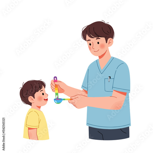 A friendly doctor gives colorful medicine to a child, a heartwarming illustration of care and support.