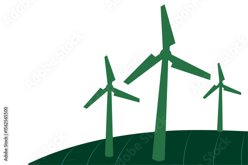 Flat green illustration of wind turbines on hill with white background for clean energy and eco concept