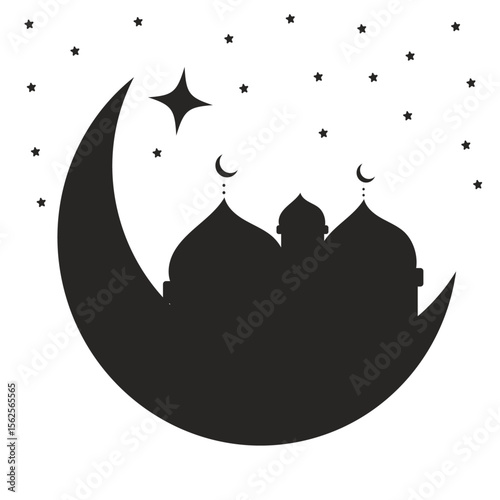 Black silhouette of mosque inside crescent moon with stars around on white background for Ramadan design