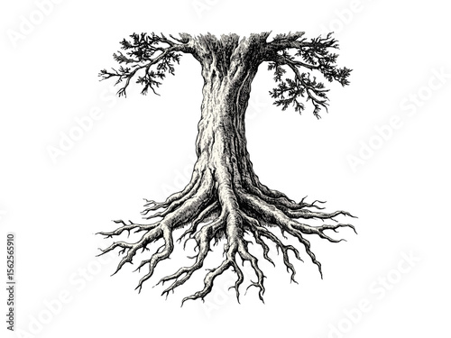 Hand-drawn sycamore tree roots engraving, vintage forest art, botanical sketch, rustic woodland decor, eco-friendly tree illustration, old engraving style, nature print, black sketch