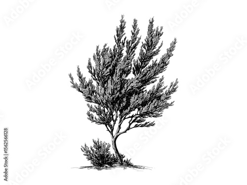 Tamarisk branches engraving, old engraving style, vintage botanical print, coastal tree illustration, black hand-drawn sketch, retro floral design, nature wall decor, rustic plant art