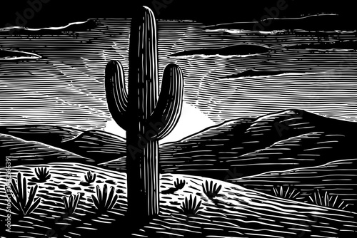 desert scene with a lone cactus and setting sun, ideal for tattoo art, nature prints, or travel brochures a black and white line art illustration