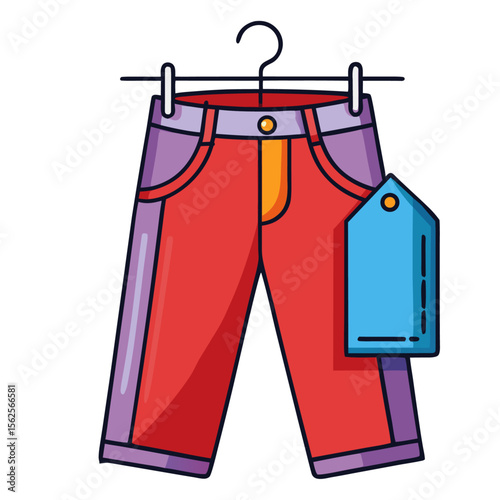 Vector illustration of red jeans with a blue tag hanging on a clothes rack.
