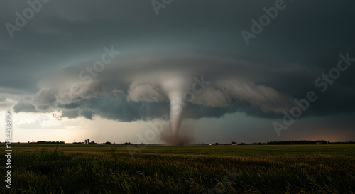 Realistic Tornado Touching Down in Open Farmland Under Overcast Sky – Natural Weather Phenomenon, Wide-Angle View