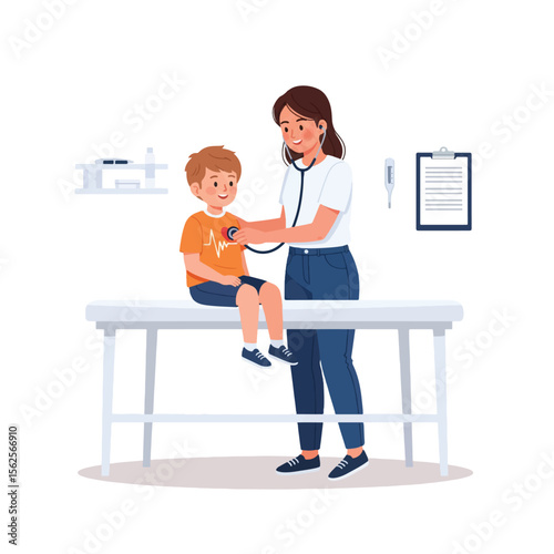 A female doctor examines a young boy sitting on an examination table using a stethoscope.