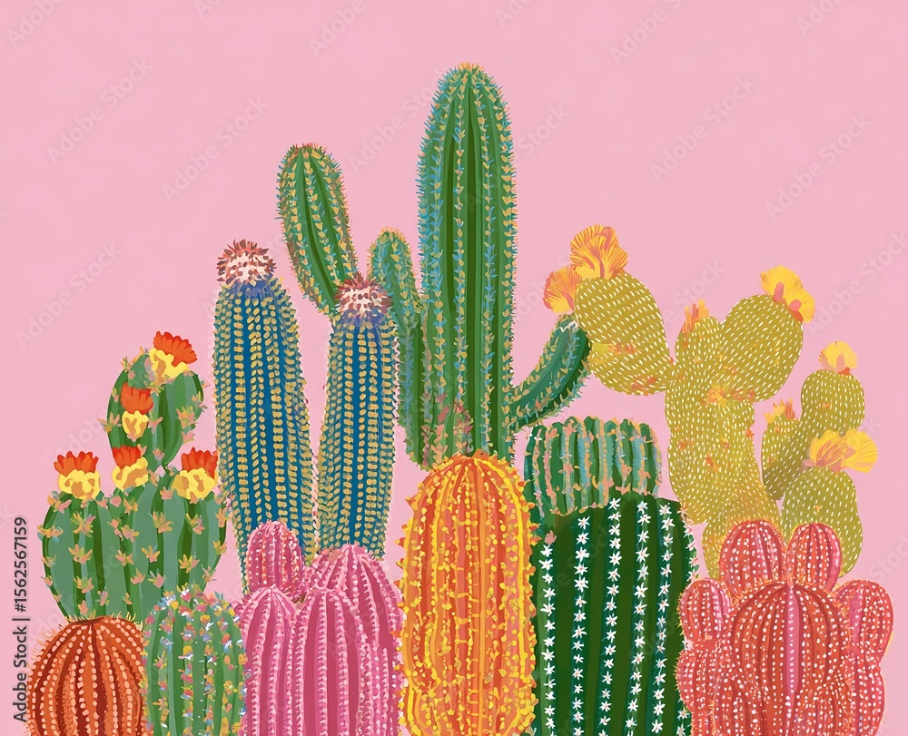 Fototapeta premium Colorful cactus with blooming flowers in pastel desert tones