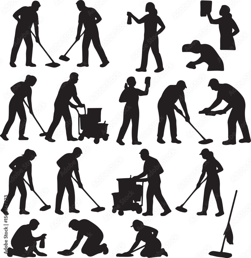Obraz premium Janitors and Cleaners Silhouette Set – Cleaning Worker Icons
