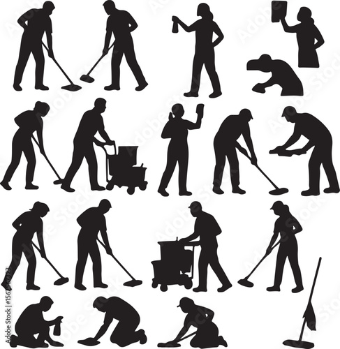 Janitors and Cleaners Silhouette Set – Cleaning Worker Icons