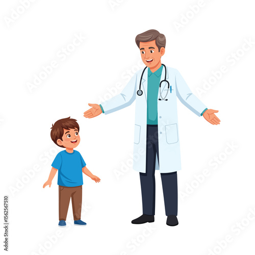 A friendly doctor consults with a happy child patient, discussing health concerns in a reassuring manner.