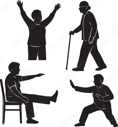 Senior Citizens Exercising – Elderly Fitness Silhouette Set