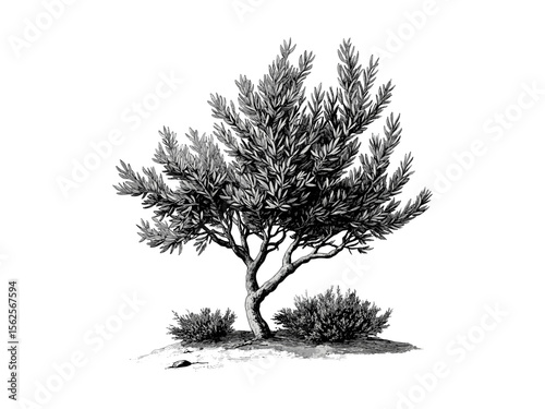 Yew Tree vintage engraving, hand-drawn evergreen branches, botanical black sketch, retro woodland illustration, old engraving style, nature wall art, rustic tree decor, forest plant drawing