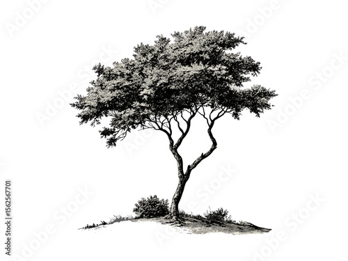 Acacia Tree vintage engraving, hand-drawn botanical art, African acacia leaves, rustic floral sketch, woodland tree print, black sketch, nature-inspired decor, traditional engraving style
