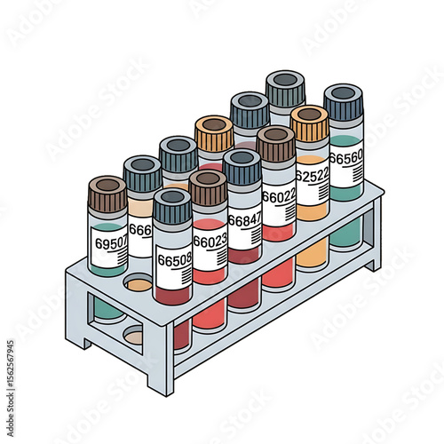 Blood sample rack with test tubes for lab analysis.