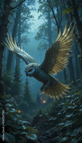 An owl soars through a dark forest illuminated by soft moonlight