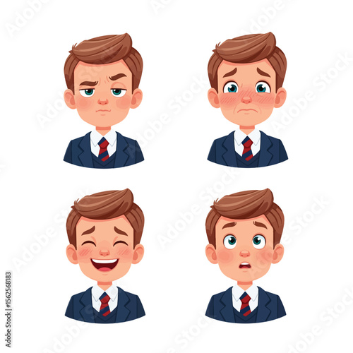 Cartoon illustration of a young boy in a suit displaying four different emotions: angry, sad, happy, and surprised.
