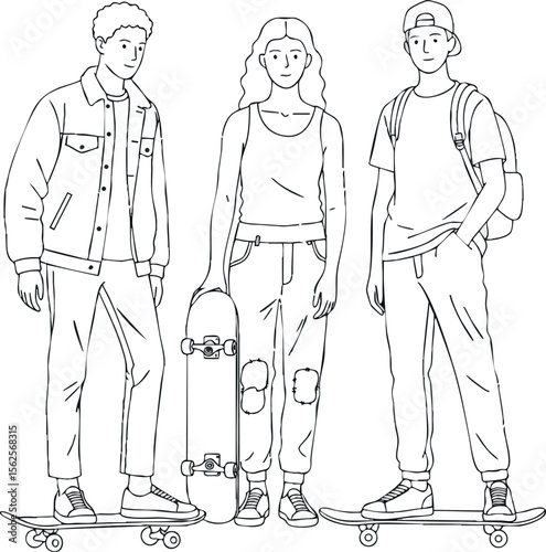 Group of teenagers standing with skateboards in casual clothing urban style vector illustration