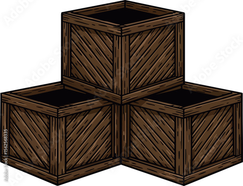 Wooden crates stack vector illustration with detailed texture and shading for storage and shipping design