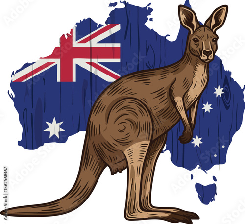 Kangaroo standing in front of Australia map with Australian flag colors and stars vector illustration