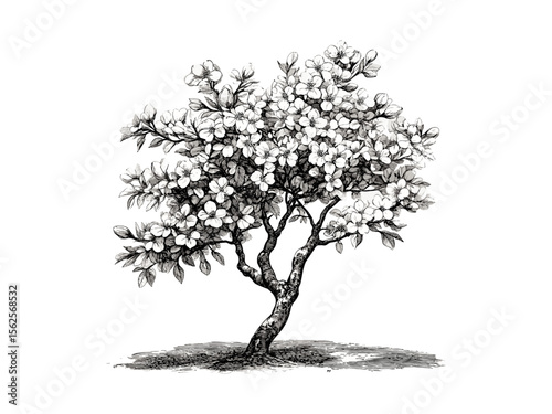 Hand-drawn vintage almond tree engraving, botanical art, almond blossoms, eco-friendly nature decor, retro sketch, spring flower illustration, old style black ink engraving, rustic design