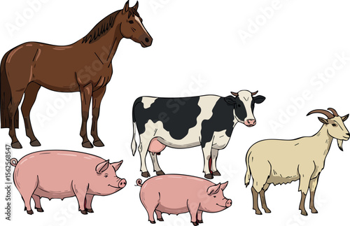 Farm animals group including horse cow goat and pigs in natural colors vector illustration