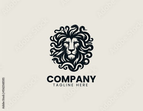 Fierce lion with Medusa serpent hair vector logo illustration showing strength, ancient myth, and fantasy warrior concept