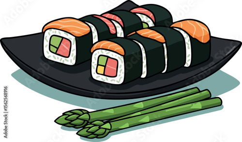 Sushi rolls with salmon and vegetables served on black plate with fresh asparagus vector illustration