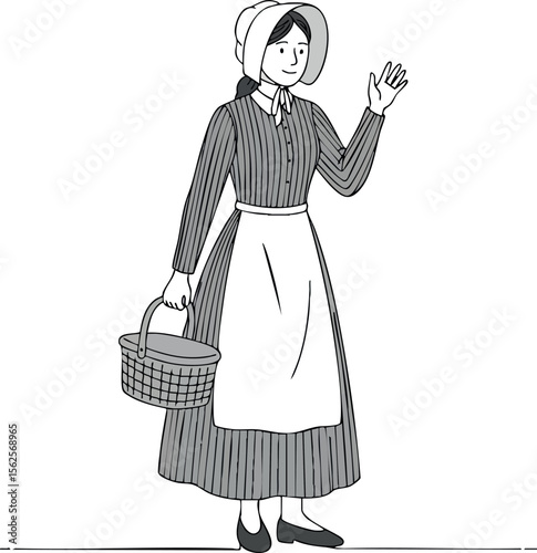 Woman in traditional dress holding basket waving hand vintage vector illustration black and white design