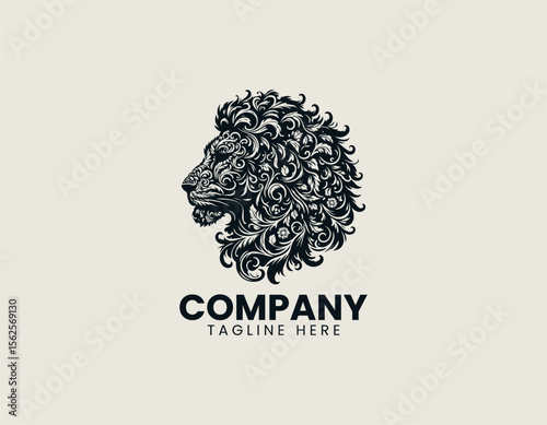 Lion head combined with herbal leaves in elegant vector logo illustration representing strength and natural healing