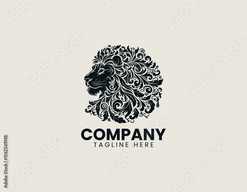 Lion head combined with herbal leaves in elegant vector logo illustration representing strength and natural healing