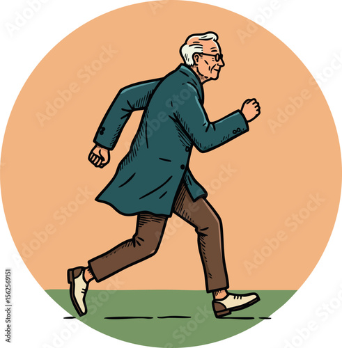 Elderly man running briskly in vintage style coat and brown pants with determined expression on peach background vector illustration
