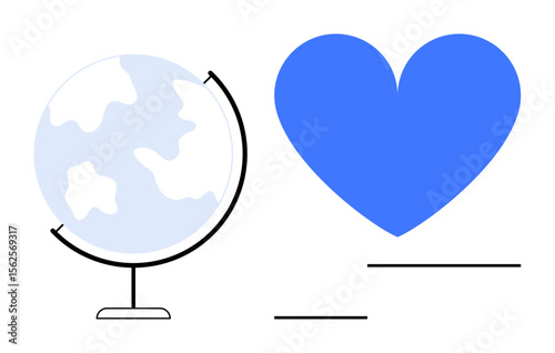 Globe with continents alongside a large blue heart. Ideal for global unity, care, empathy, environmental awareness, education, cultural exchange, and simple landing page