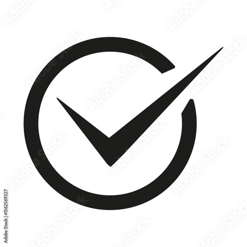 Thin check icon. Circular approval symbol. Vector minimalist figure. Black simple background.