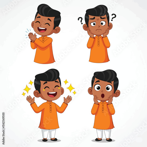 Four expressive cartoon depictions of a young Indian boy in traditional clothing, showcasing happiness, confusion, amazement, and wonder.