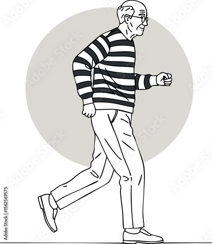 Elderly man walking in striped sweater and casual pants simple black and white vector illustration