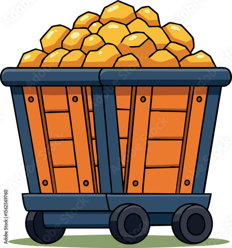 Mining cart filled with gold nuggets vector illustration in cartoon style for industry and mining concept