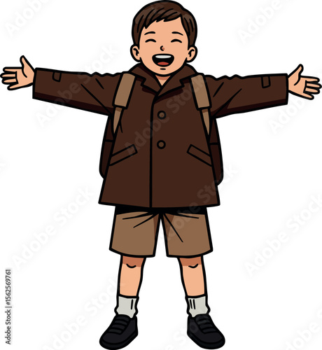 Happy boy with brown coat and backpack standing with arms wide open smiling cheerful vector illustration