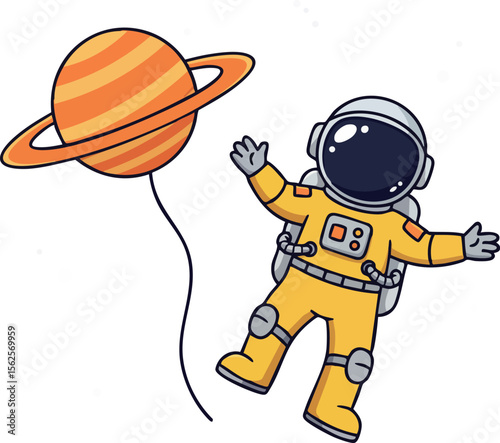 Astronaut in orange spacesuit floating with Saturn planet balloon vector illustration fun space design