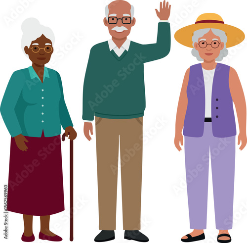 Elderly diverse group standing together with cane and waving man in casual clothing vector illustration
