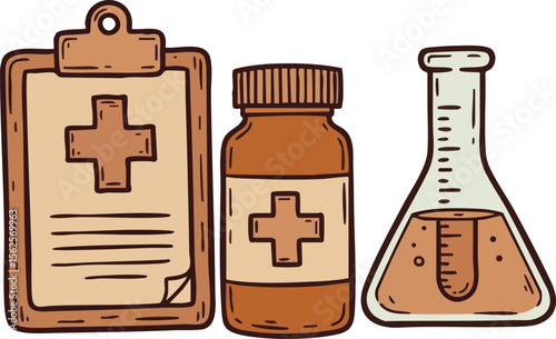 Medical clipboard prescription bottle and laboratory flask set in brown tones vector illustration for healthcare and science design