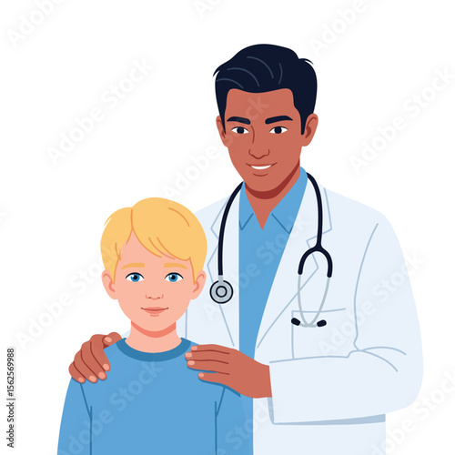 A friendly doctor places a hand on a young patient's shoulder.