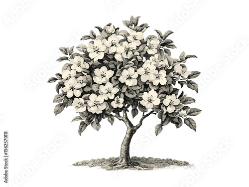 Old engraving style apple tree, botanical art, apple blossoms, orchard tree, vintage hand-drawn floral print, black sketch, rustic nature decor, traditional garden illustration, farmhouse art