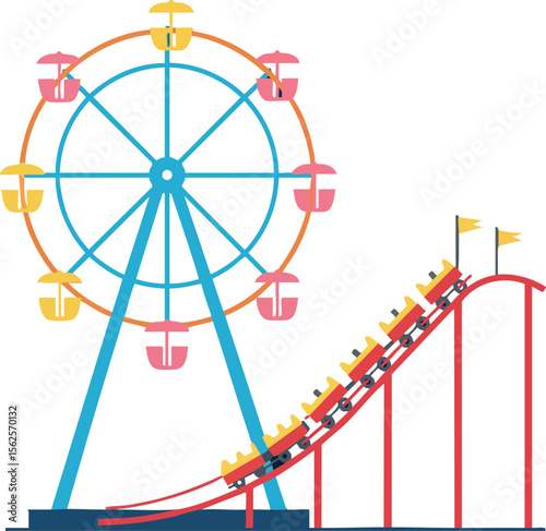 Ferris wheel and roller coaster amusement park rides colorful fun entertainment vector illustration