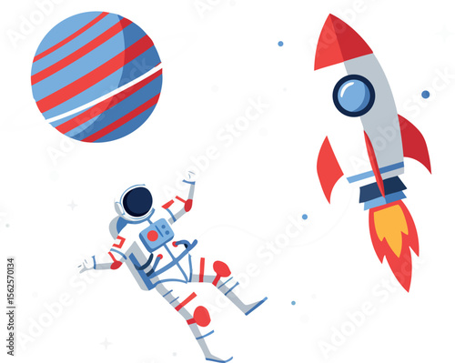 Astronaut floating in space with red rocket and striped planet vector illustration design