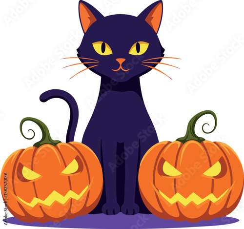 Black cat sitting between two carved orange Halloween pumpkins with glowing faces vector illustration