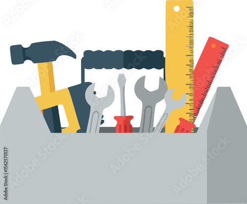 Toolbox with hammer, saw, wrenches, ruler, and screwdriver vector illustration for construction and repair work