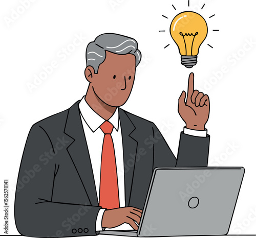 Businessman with gray hair having bright idea working on laptop computer in office setting creative concept vector illustration